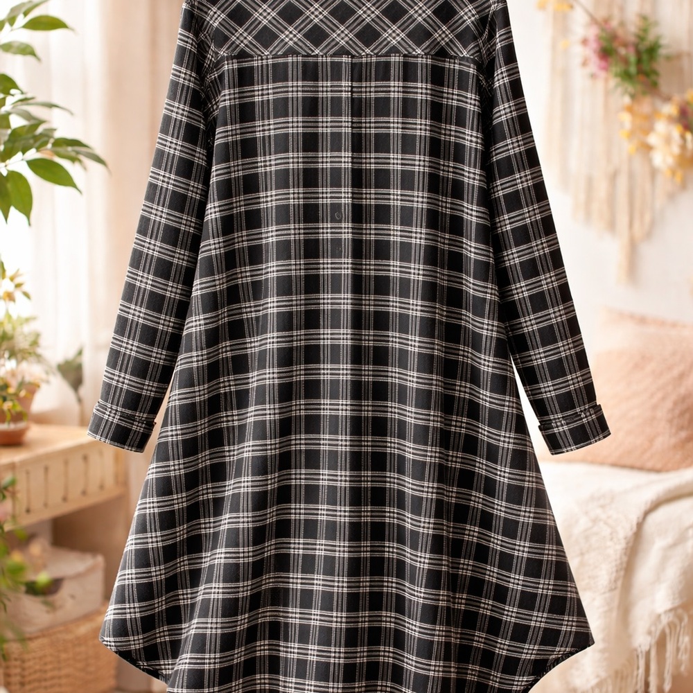 Black & White Plaid Shirt Dress XL • Hi-Low Hem • Pockets • Boho Western - Picture 2 of 4